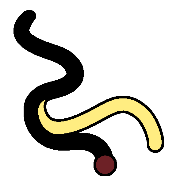 A curving line that leads to a red dot, with a bright yellow line branching off.
